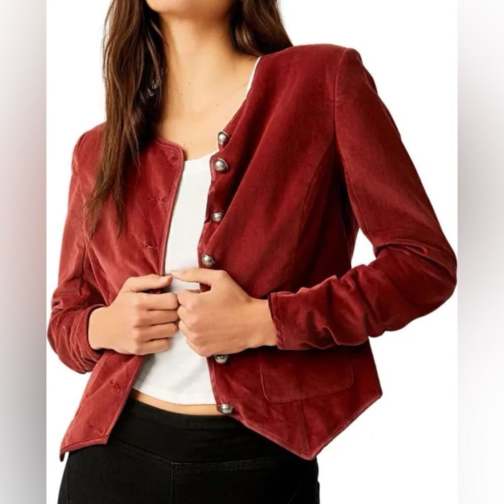 Free People Becky Stretch Velvet Jacket Red L
